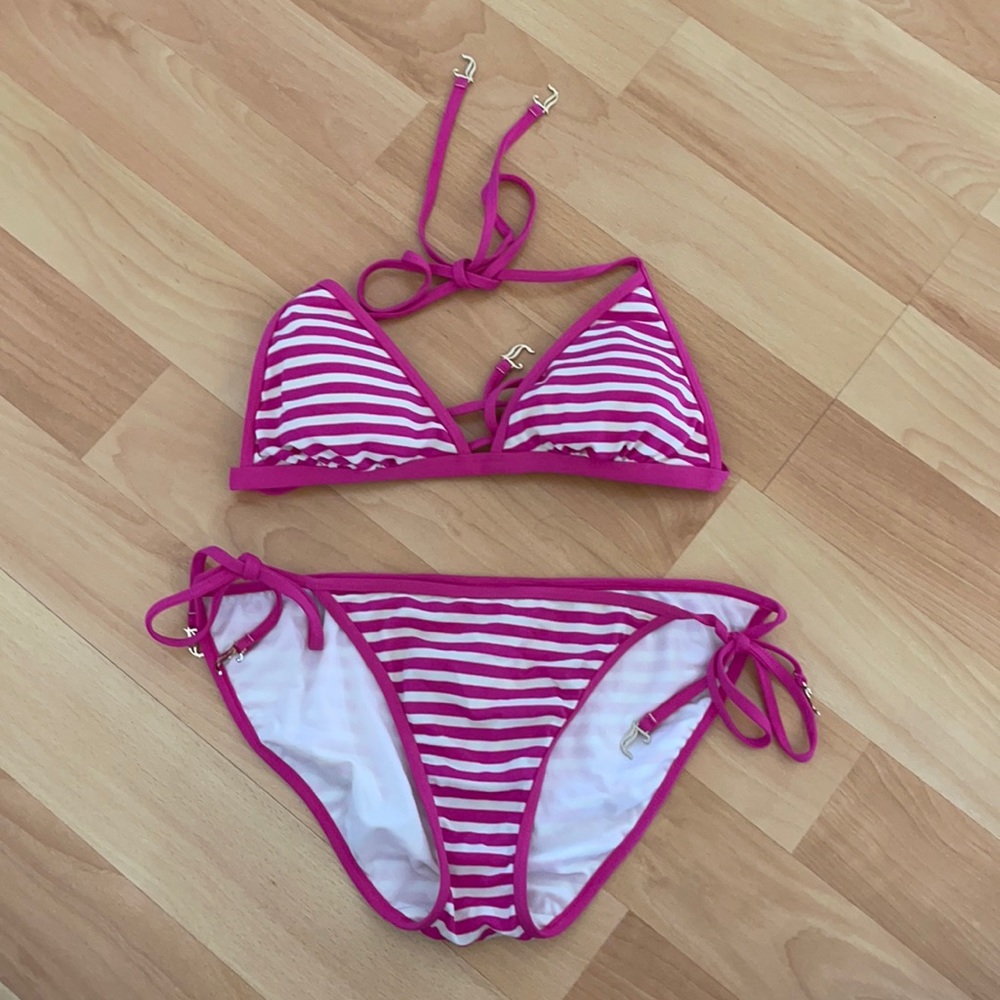 Juicy Couture Bikini Pink White Stripe Med EUC